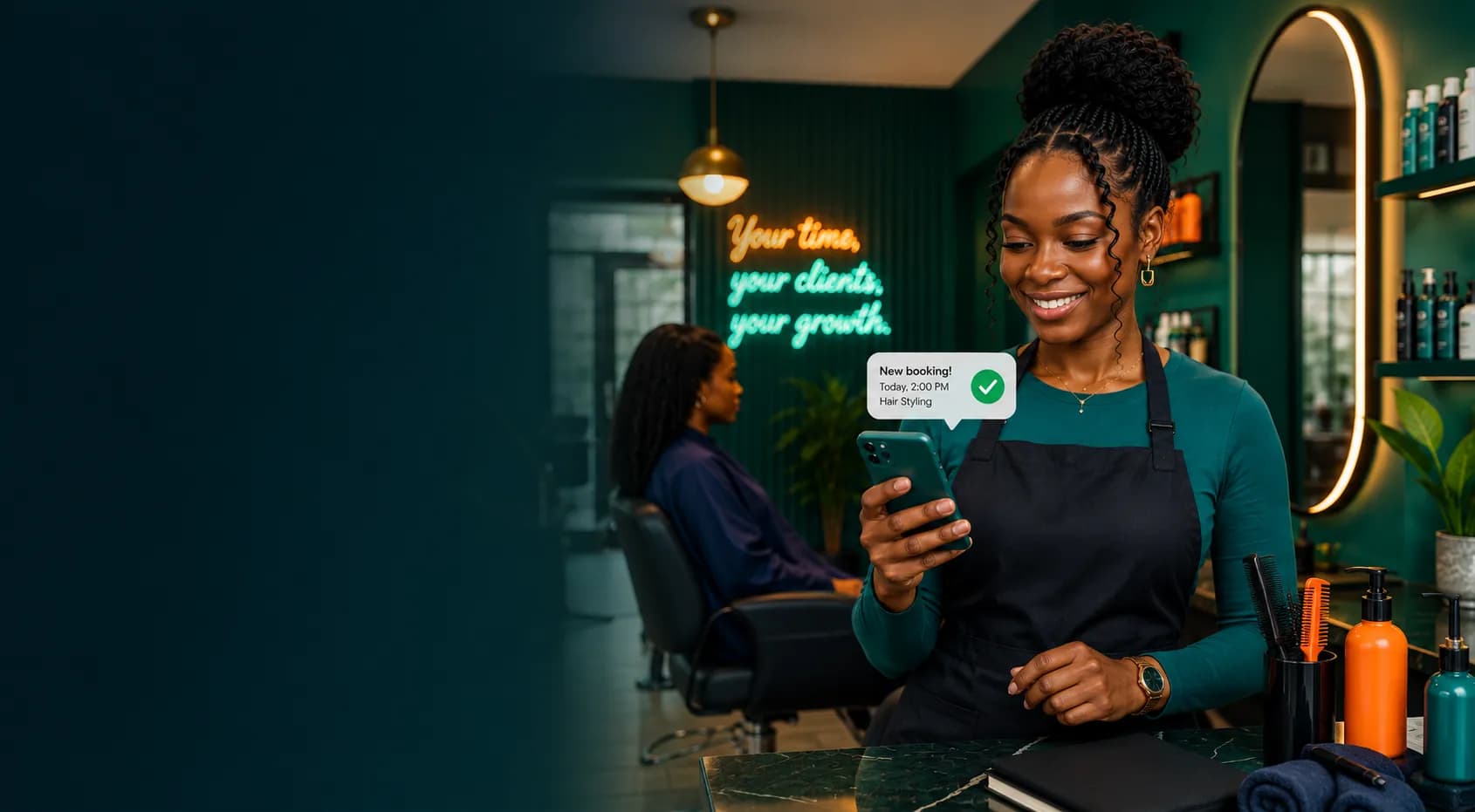 Appointment provider receiving a new booking in a modern salon.